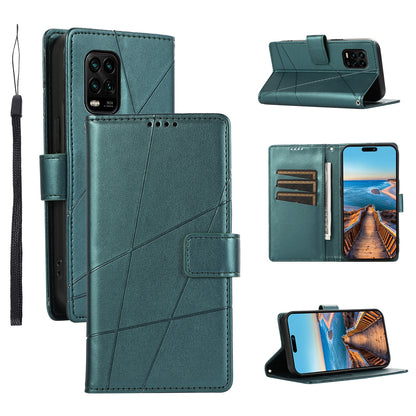 Xiaomi Mi 10 Lite PU Genuine Leather Texture Embossed Line Phone Case with Card Wallet, Kickstand & Wrist Strap