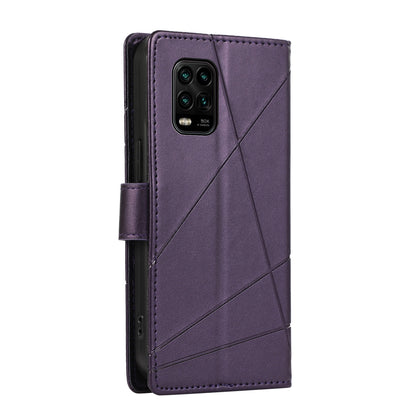 Xiaomi Mi 10 Lite PU Genuine Leather Texture Embossed Line Phone Case with Card Wallet, Kickstand & Wrist Strap