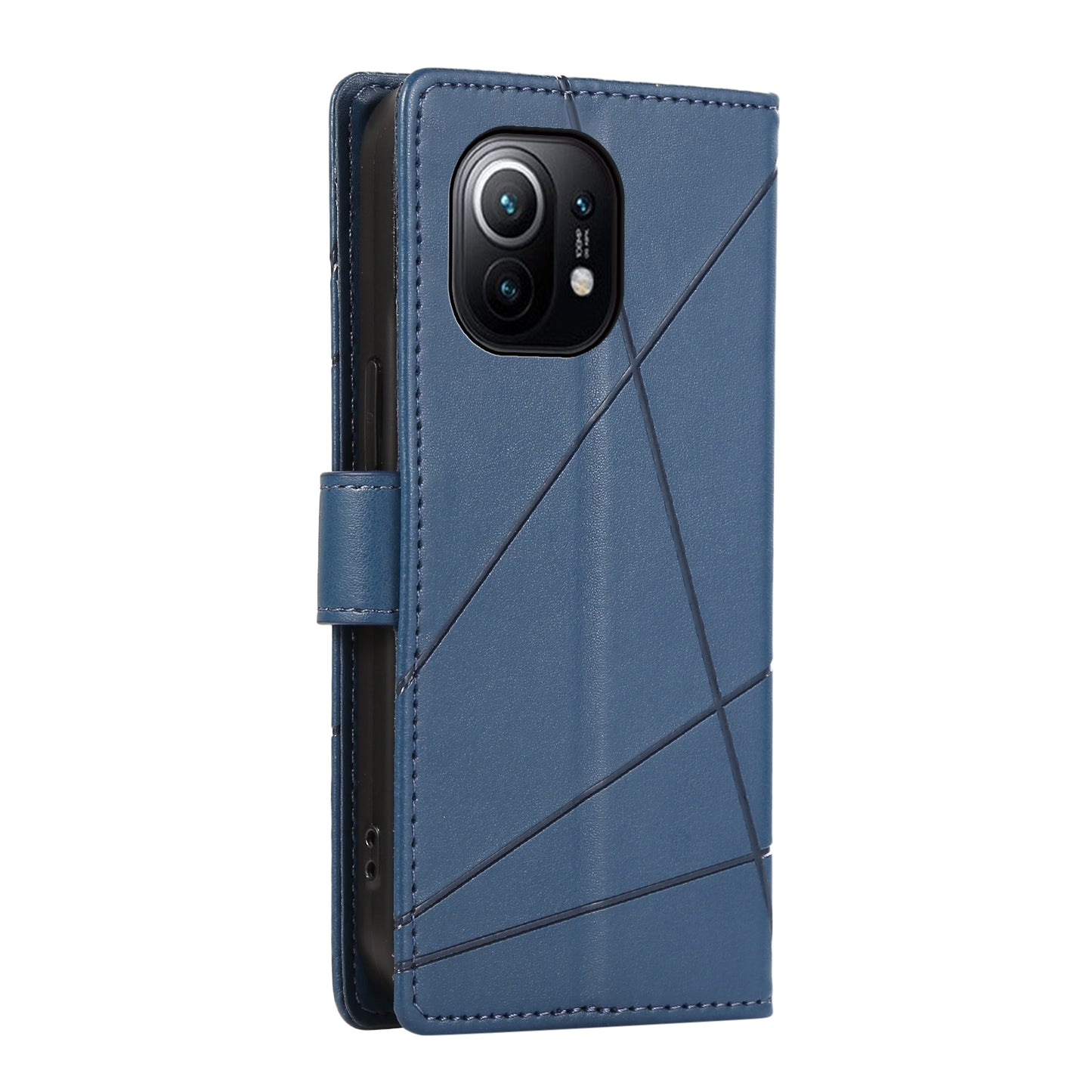 Xiaomi Mi 11 PU Genuine Leather Texture Embossed Line Phone Case with Card Wallet, Kickstand & Wrist Strap