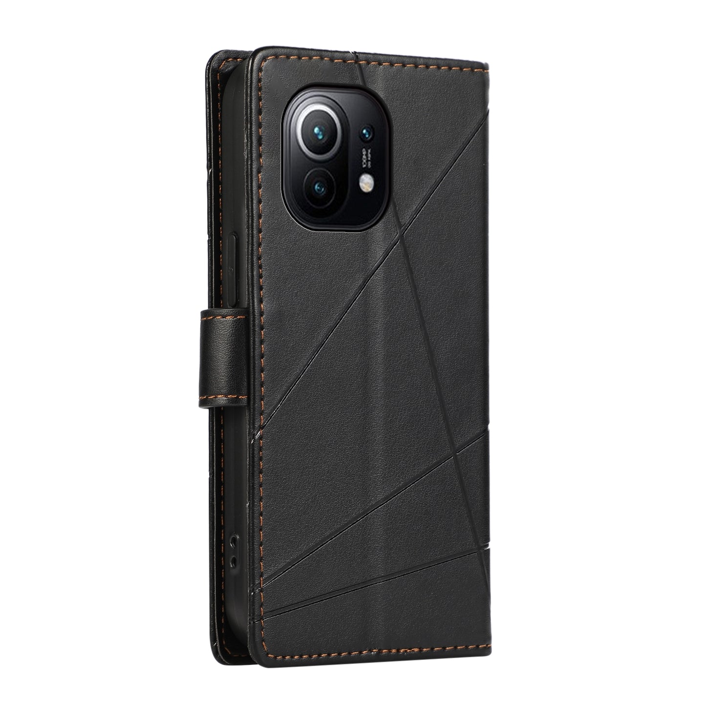 Xiaomi Mi 11 PU Genuine Leather Texture Embossed Line Phone Case with Card Wallet, Kickstand & Wrist Strap