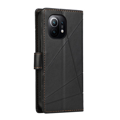 Xiaomi Mi 11 PU Genuine Leather Texture Embossed Line Phone Case with Card Wallet, Kickstand & Wrist Strap