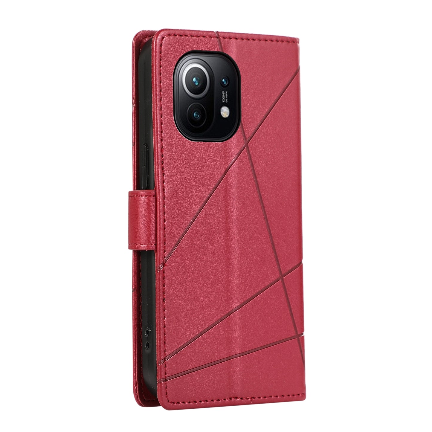 Xiaomi Mi 11 PU Genuine Leather Texture Embossed Line Phone Case with Card Wallet, Kickstand & Wrist Strap