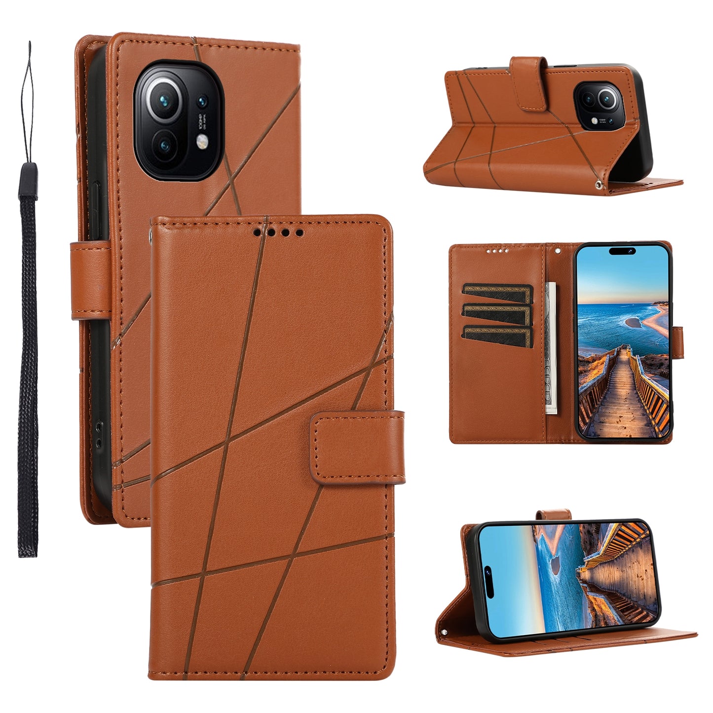 Xiaomi Mi 11 PU Genuine Leather Texture Embossed Line Phone Case with Card Wallet, Kickstand & Wrist Strap