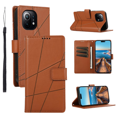 Xiaomi Mi 11 PU Genuine Leather Texture Embossed Line Phone Case with Card Wallet, Kickstand & Wrist Strap