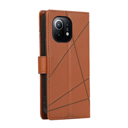 Xiaomi Mi 11 PU Genuine Leather Texture Embossed Line Phone Case with Card Wallet, Kickstand & Wrist Strap