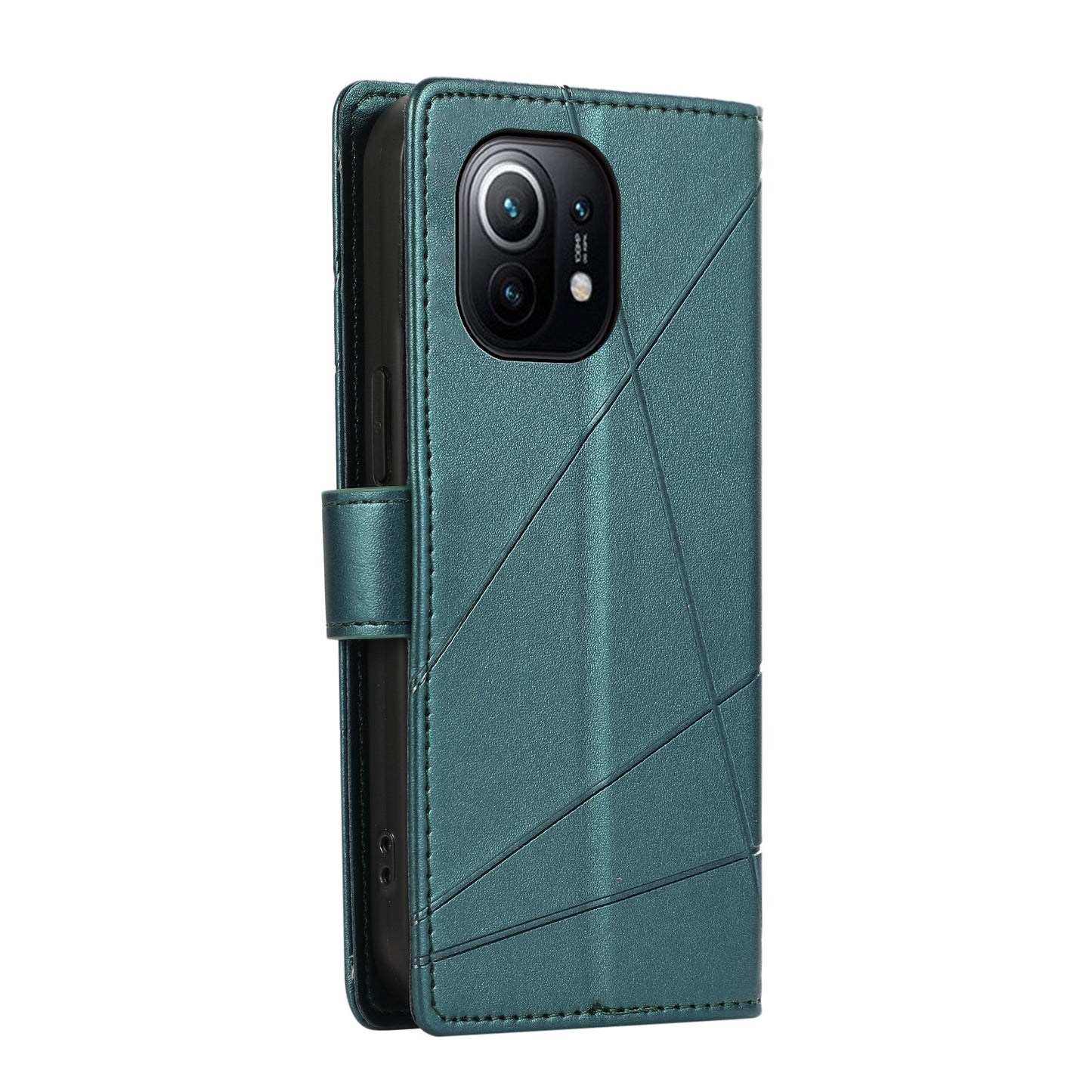 Xiaomi Mi 11 PU Genuine Leather Texture Embossed Line Phone Case with Card Wallet, Kickstand & Wrist Strap