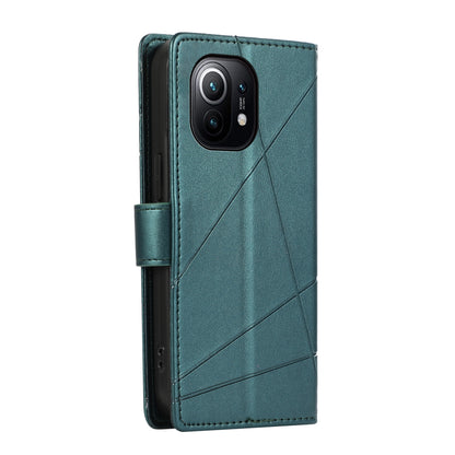Xiaomi Mi 11 PU Genuine Leather Texture Embossed Line Phone Case with Card Wallet, Kickstand & Wrist Strap