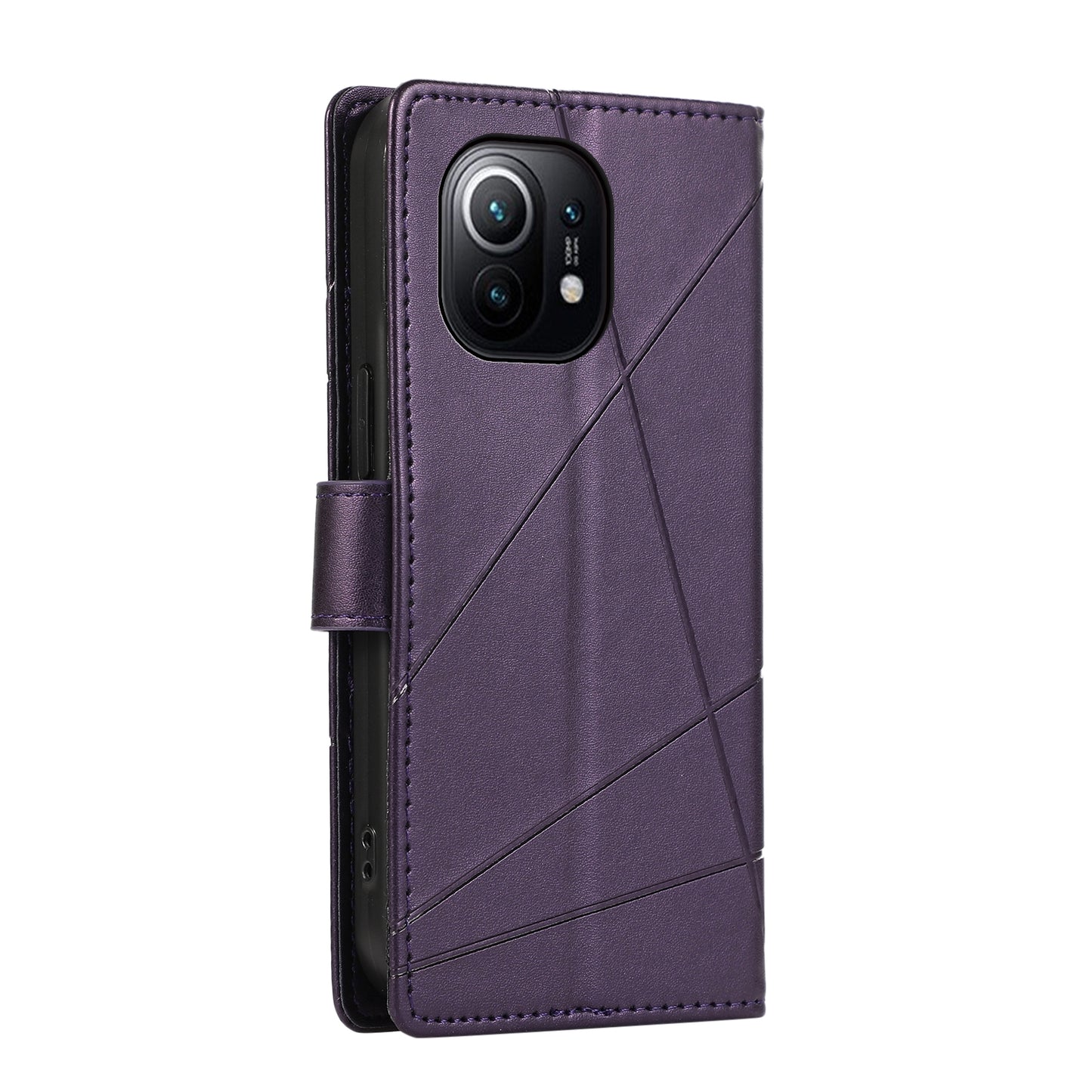 Xiaomi Mi 11 PU Genuine Leather Texture Embossed Line Phone Case with Card Wallet, Kickstand & Wrist Strap