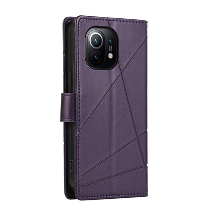 Xiaomi Mi 11 PU Genuine Leather Texture Embossed Line Phone Case with Card Wallet, Kickstand & Wrist Strap
