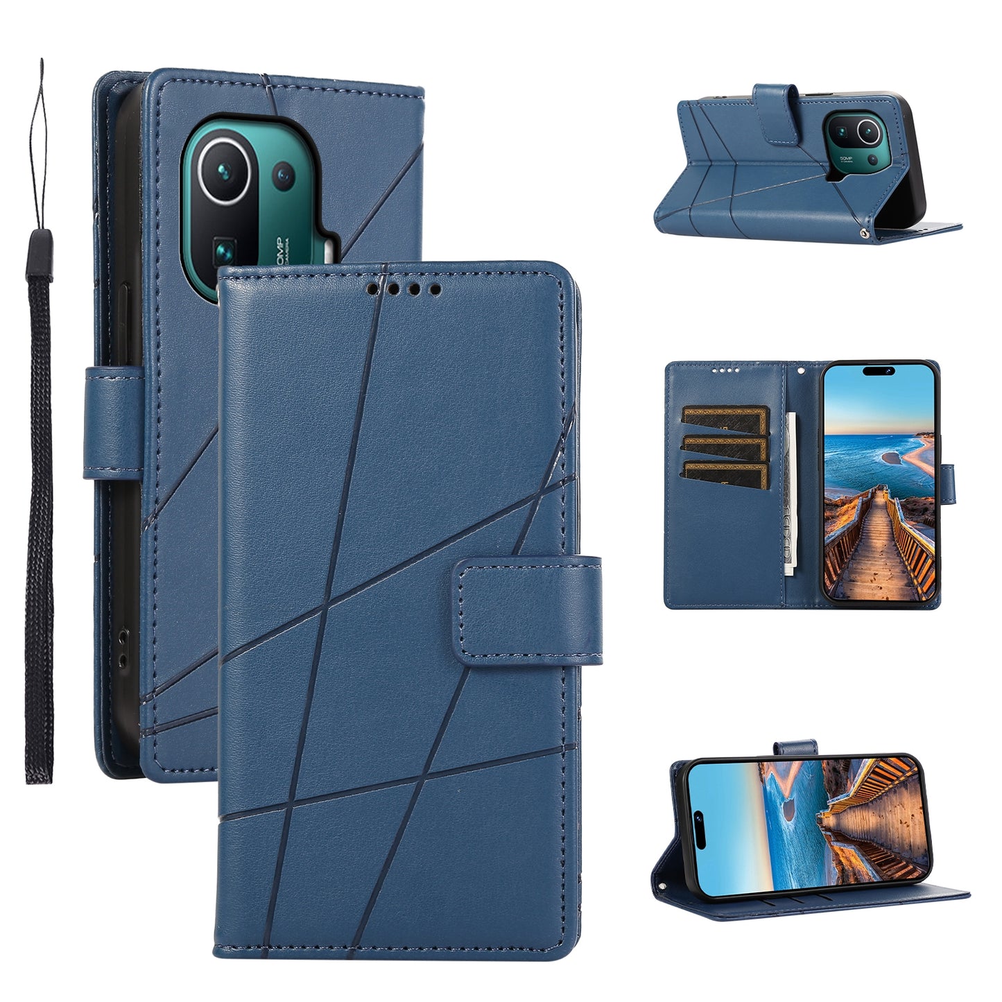 Xiaomi Mi 11 Pro PU Genuine Leather Texture Embossed Line Phone Case with Card Wallet, Kickstand & Wrist Strap
