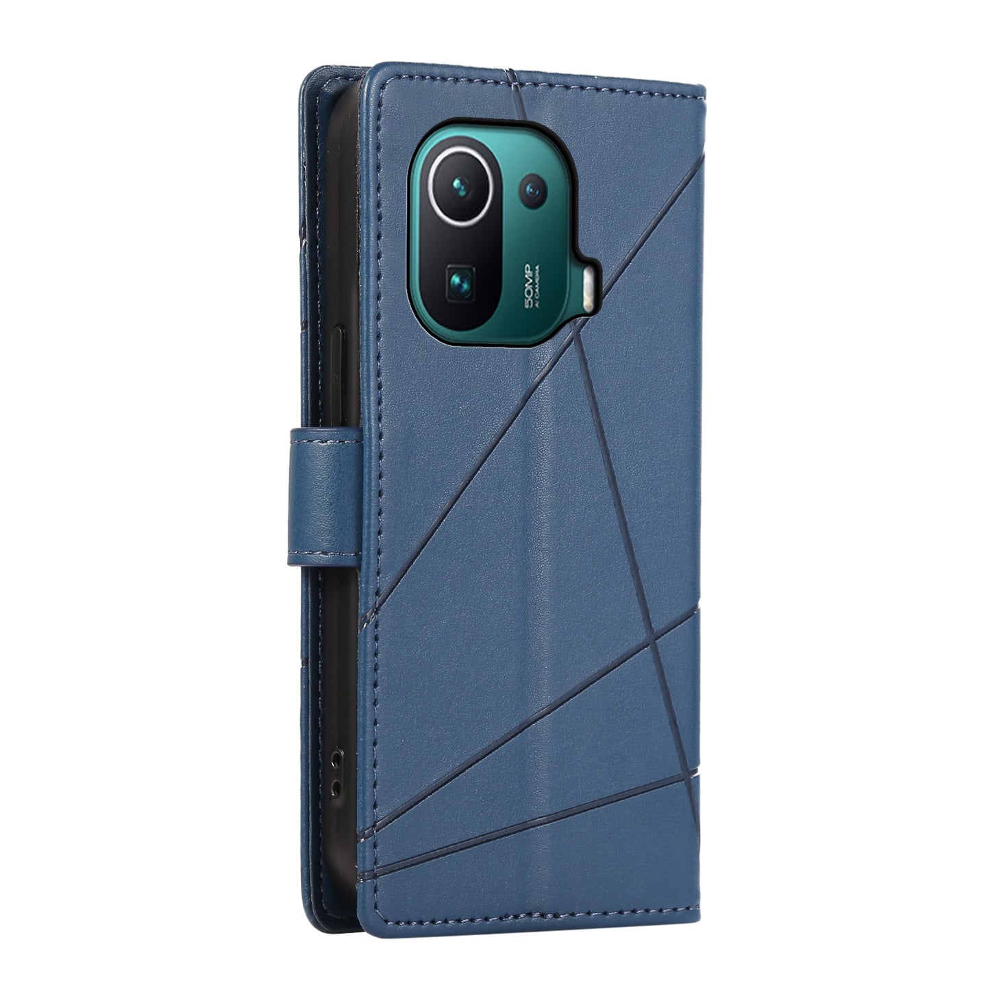 Xiaomi Mi 11 Pro PU Genuine Leather Texture Embossed Line Phone Case with Card Wallet, Kickstand & Wrist Strap