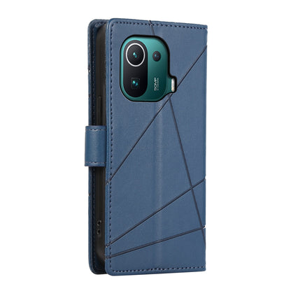 Xiaomi Mi 11 Pro PU Genuine Leather Texture Embossed Line Phone Case with Card Wallet, Kickstand & Wrist Strap