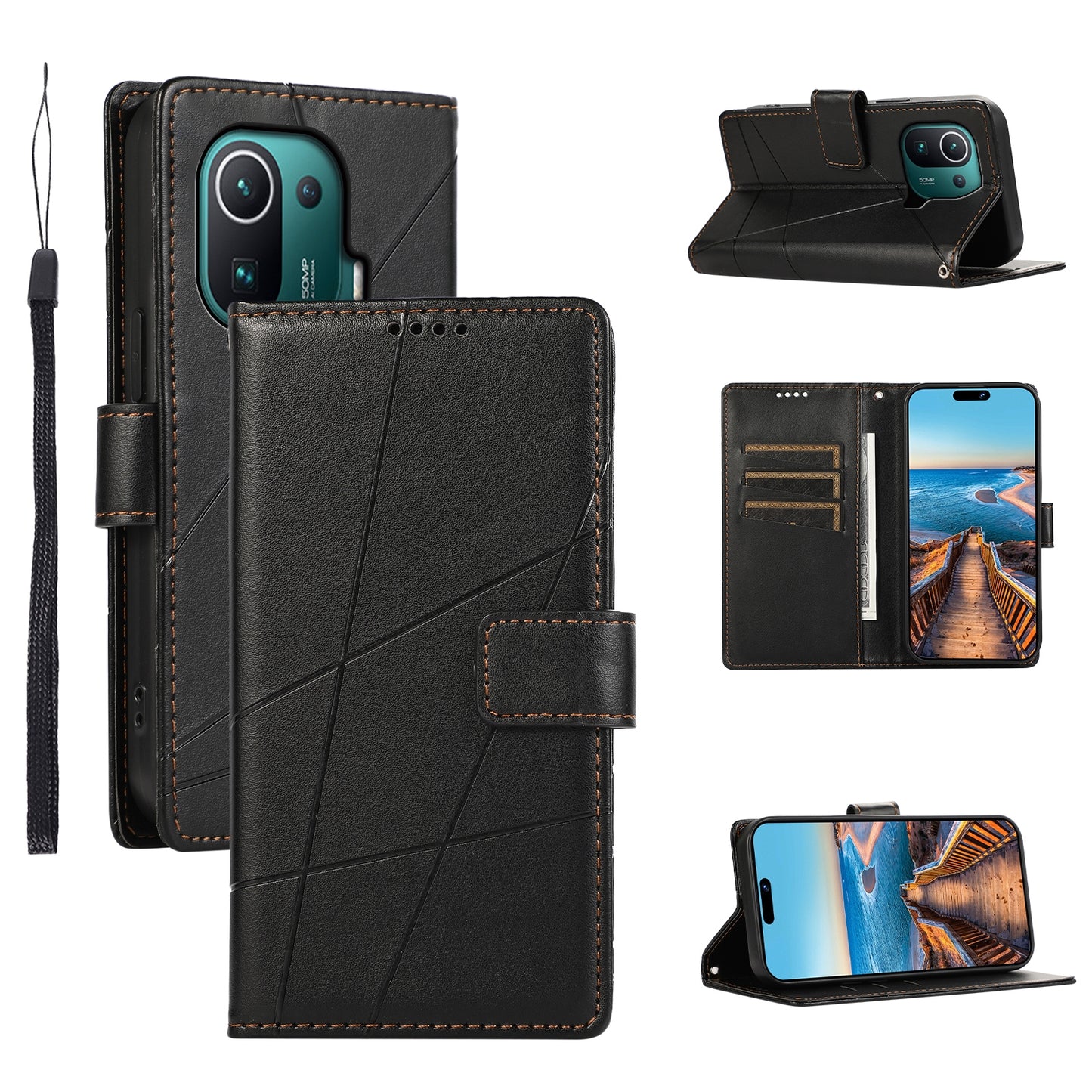 Xiaomi Mi 11 Pro PU Genuine Leather Texture Embossed Line Phone Case with Card Wallet, Kickstand & Wrist Strap