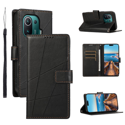 Xiaomi Mi 11 Pro PU Genuine Leather Texture Embossed Line Phone Case with Card Wallet, Kickstand & Wrist Strap