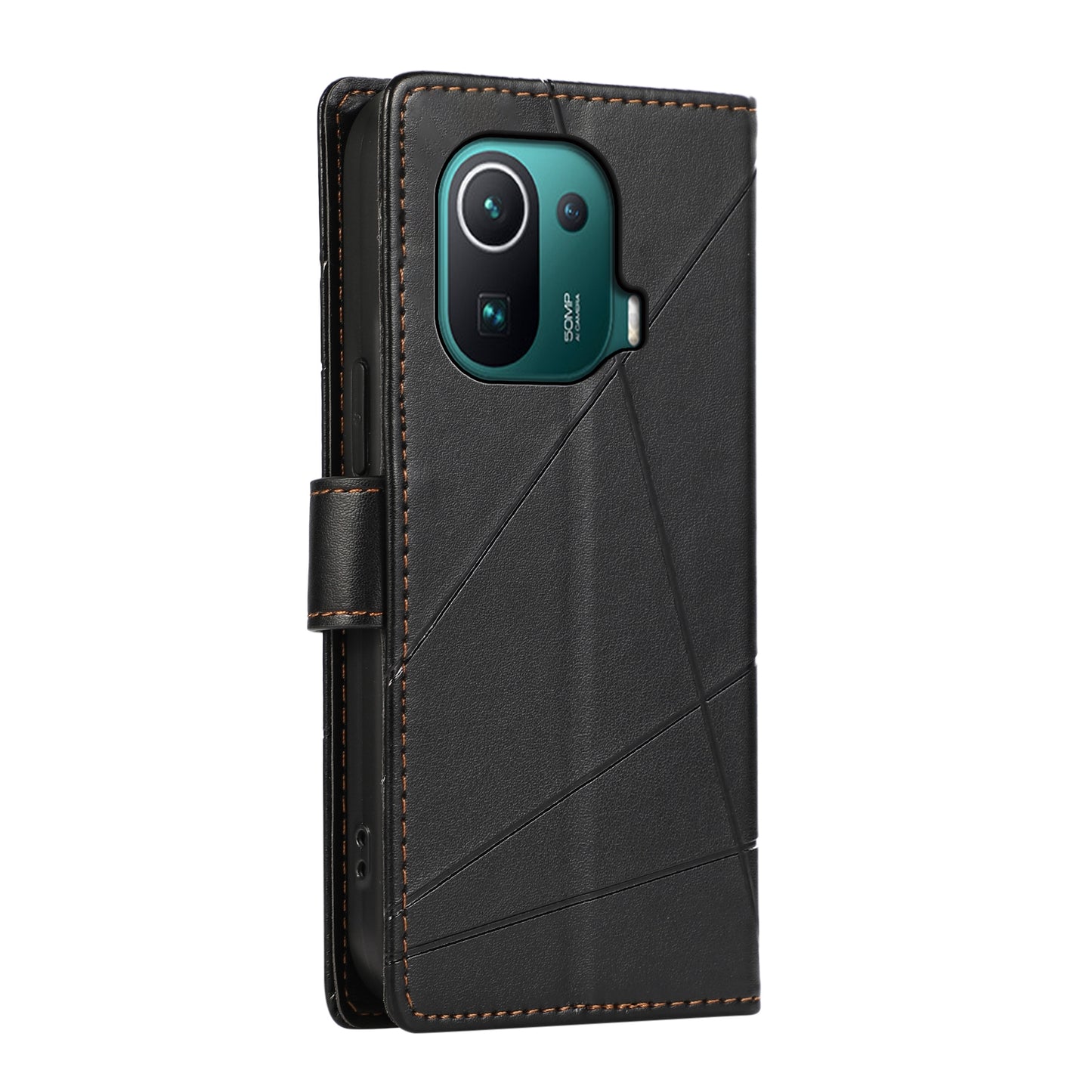 Xiaomi Mi 11 Pro PU Genuine Leather Texture Embossed Line Phone Case with Card Wallet, Kickstand & Wrist Strap