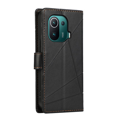 Xiaomi Mi 11 Pro PU Genuine Leather Texture Embossed Line Phone Case with Card Wallet, Kickstand & Wrist Strap