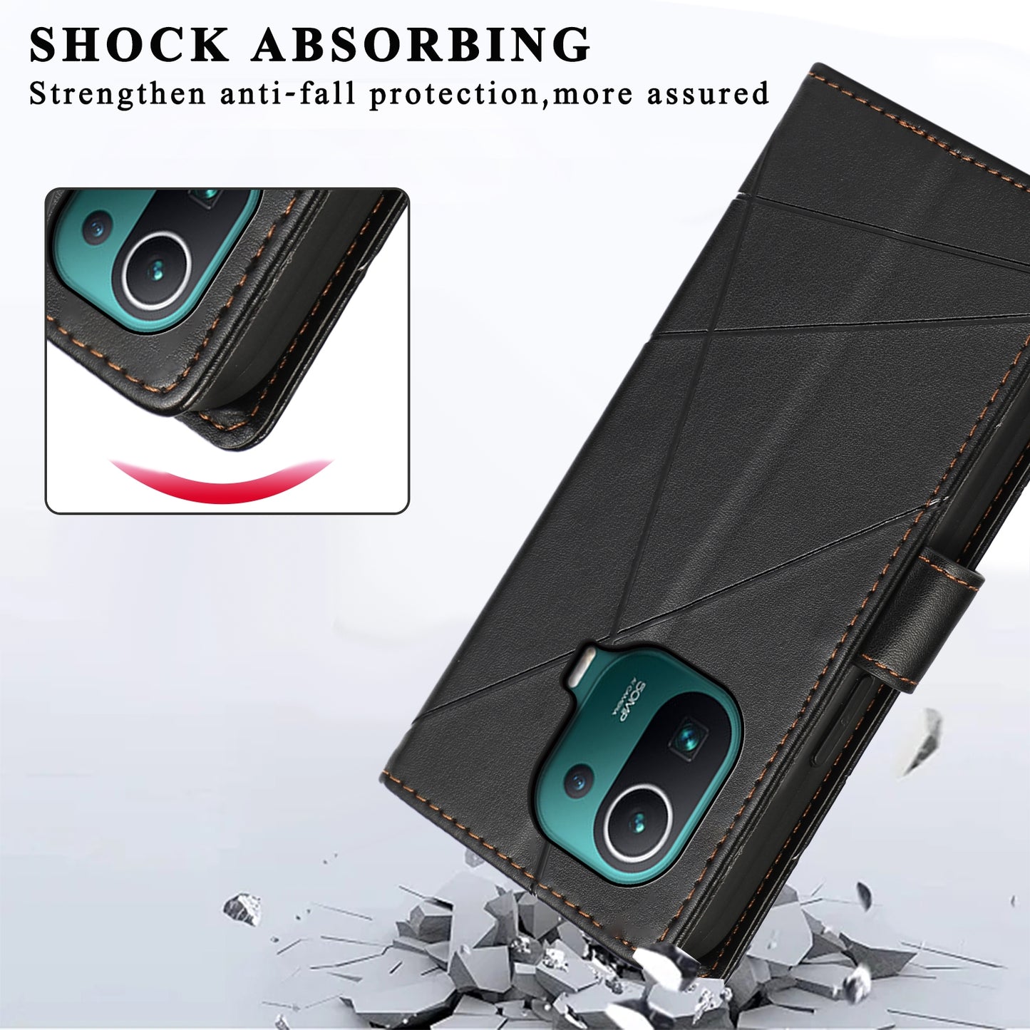 Xiaomi Mi 11 Pro PU Genuine Leather Texture Embossed Line Phone Case with Card Wallet, Kickstand & Wrist Strap