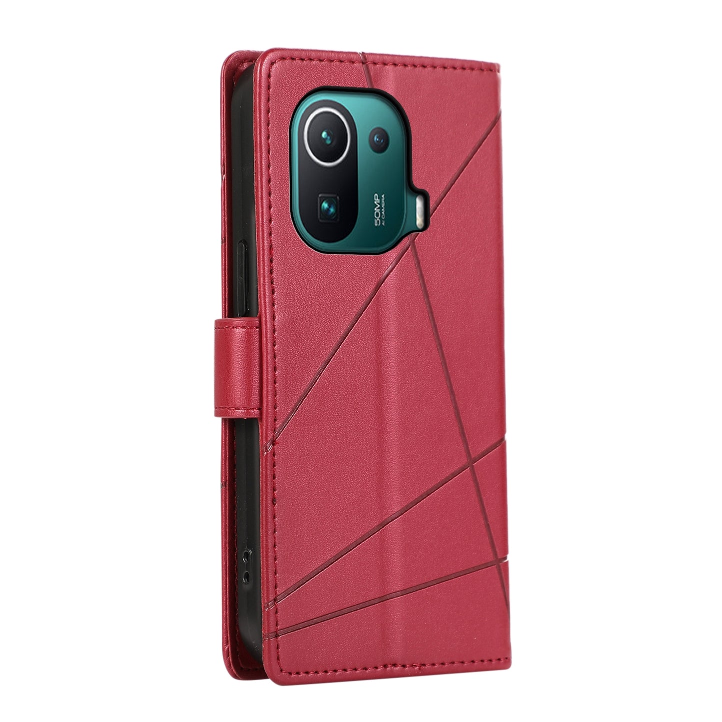 Xiaomi Mi 11 Pro PU Genuine Leather Texture Embossed Line Phone Case with Card Wallet, Kickstand & Wrist Strap