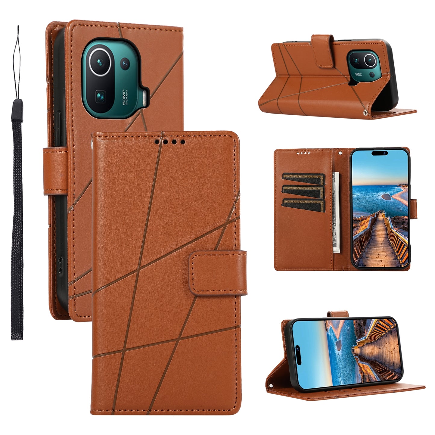 Xiaomi Mi 11 Pro PU Genuine Leather Texture Embossed Line Phone Case with Card Wallet, Kickstand & Wrist Strap