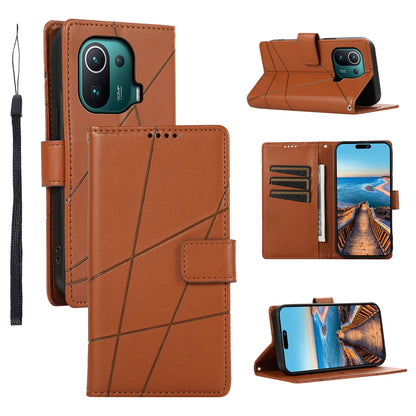 Xiaomi Mi 11 Pro PU Genuine Leather Texture Embossed Line Phone Case with Card Wallet, Kickstand & Wrist Strap