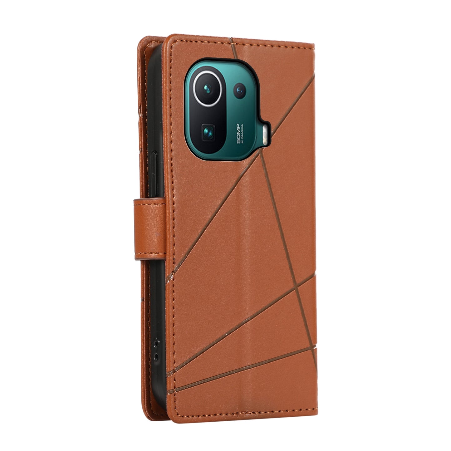 Xiaomi Mi 11 Pro PU Genuine Leather Texture Embossed Line Phone Case with Card Wallet, Kickstand & Wrist Strap