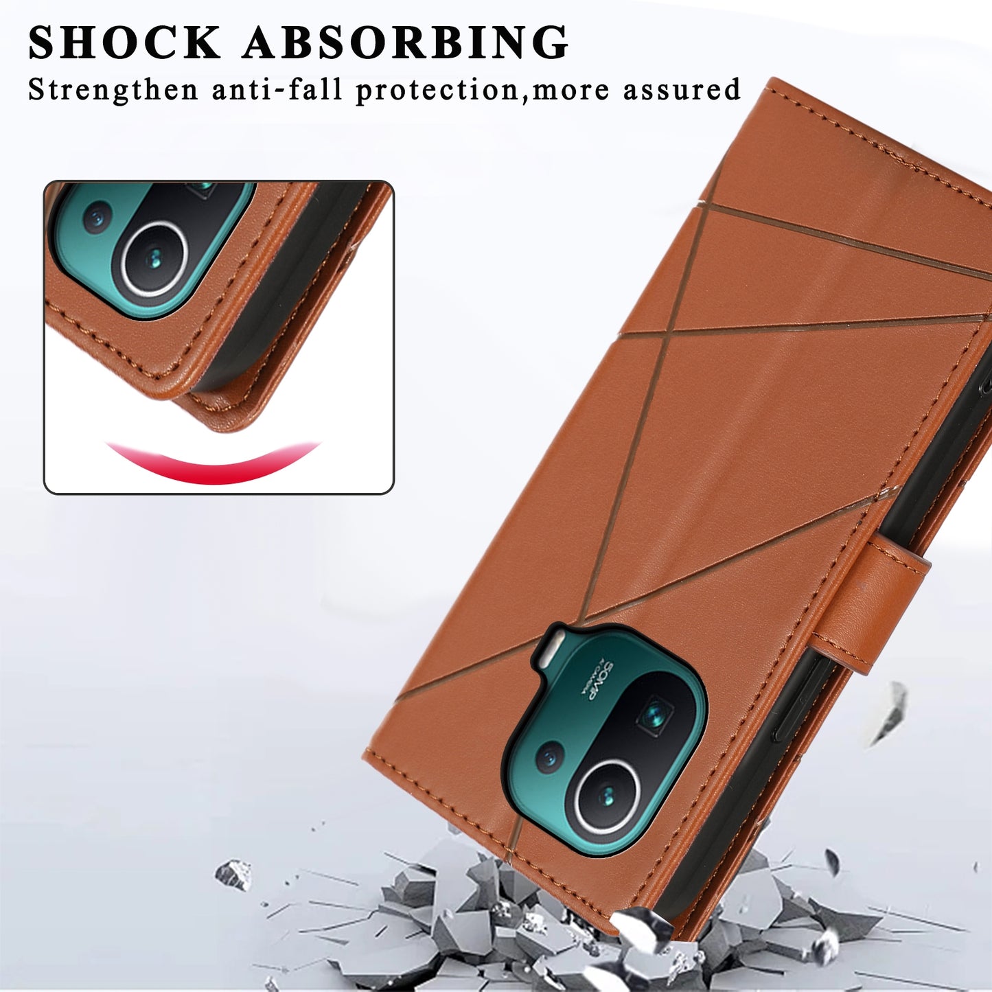 Xiaomi Mi 11 Pro PU Genuine Leather Texture Embossed Line Phone Case with Card Wallet, Kickstand & Wrist Strap
