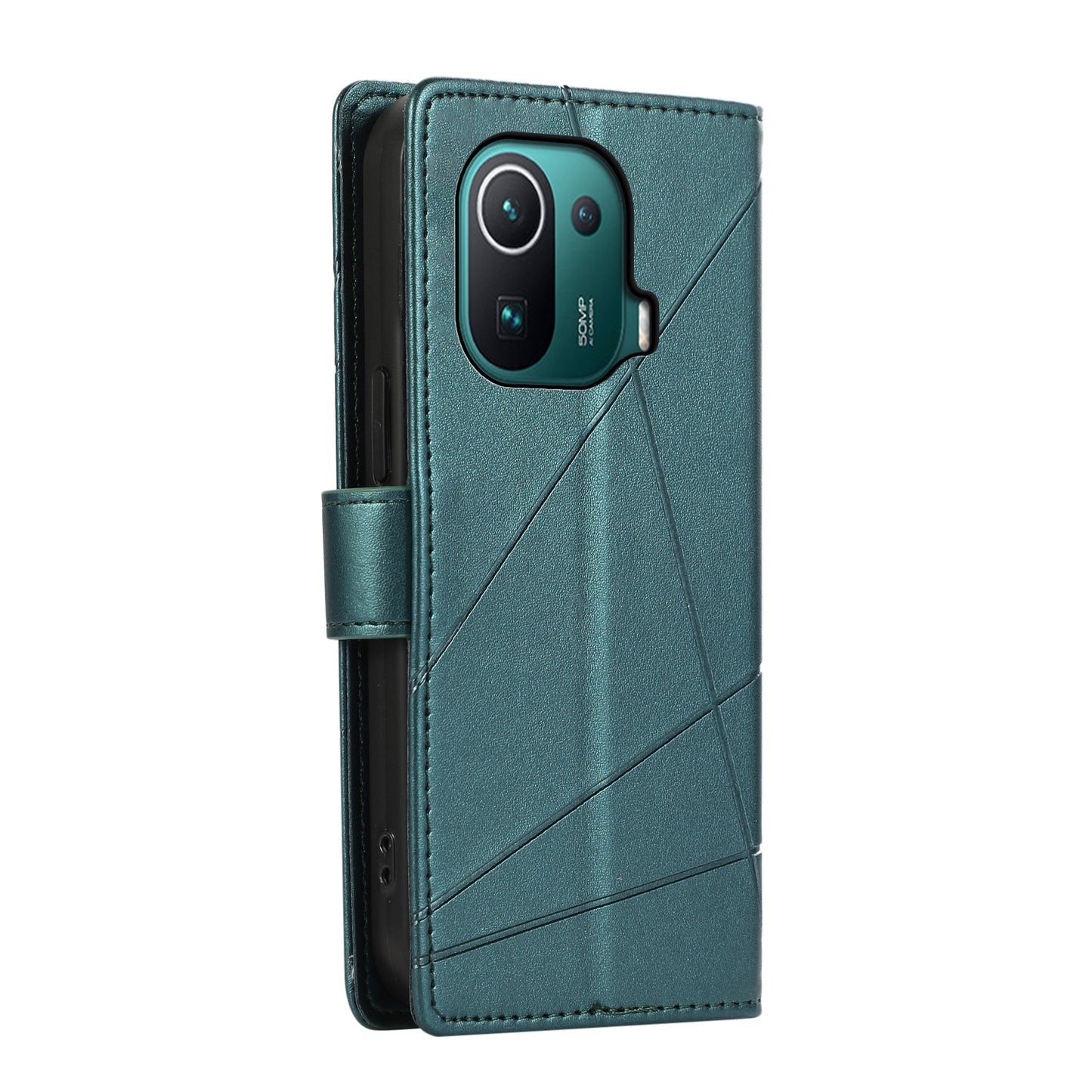 Xiaomi Mi 11 Pro PU Genuine Leather Texture Embossed Line Phone Case with Card Wallet, Kickstand & Wrist Strap