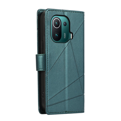 Xiaomi Mi 11 Pro PU Genuine Leather Texture Embossed Line Phone Case with Card Wallet, Kickstand & Wrist Strap