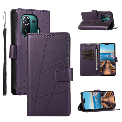 Xiaomi Mi 11 Pro PU Genuine Leather Texture Embossed Line Phone Case with Card Wallet, Kickstand & Wrist Strap