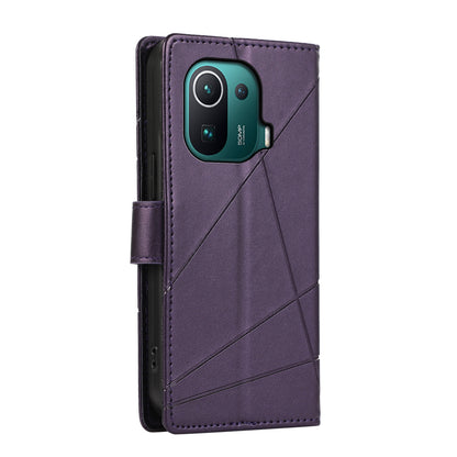 Xiaomi Mi 11 Pro PU Genuine Leather Texture Embossed Line Phone Case with Card Wallet, Kickstand & Wrist Strap