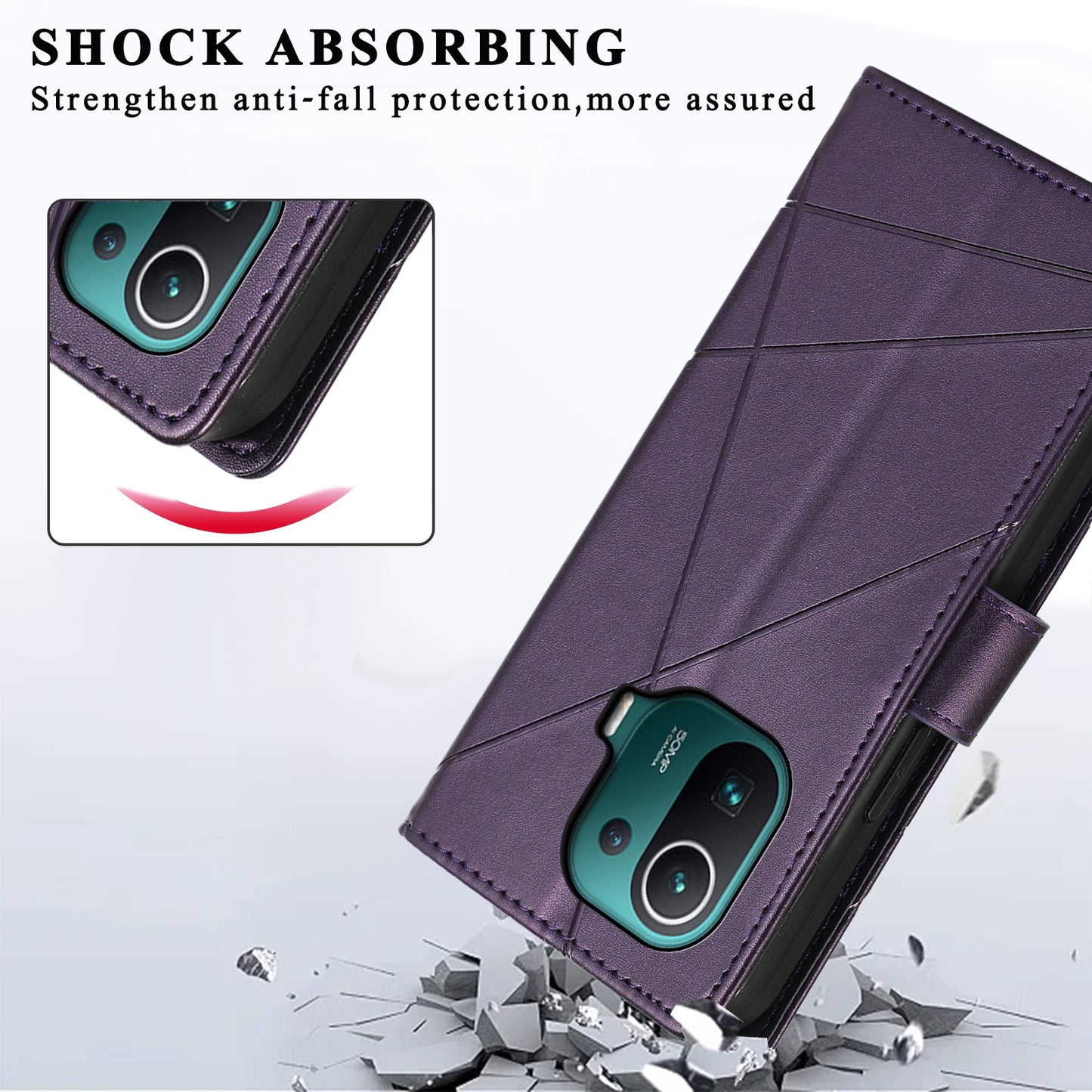Xiaomi Mi 11 Pro PU Genuine Leather Texture Embossed Line Phone Case with Card Wallet, Kickstand & Wrist Strap