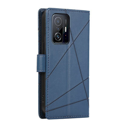 Xiaomi Mi 11T PU Genuine Leather Texture Embossed Line Phone Case with Card Wallet, Kickstand & Wrist Strap