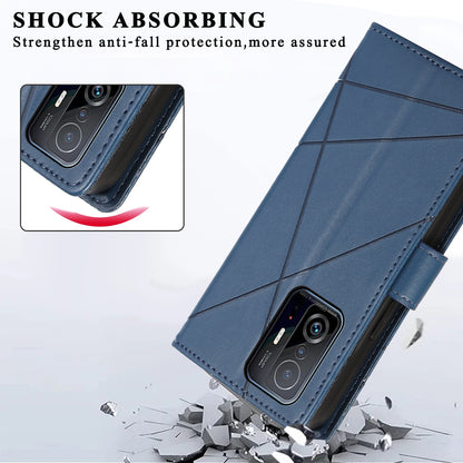 Xiaomi Mi 11T PU Genuine Leather Texture Embossed Line Phone Case with Card Wallet, Kickstand & Wrist Strap
