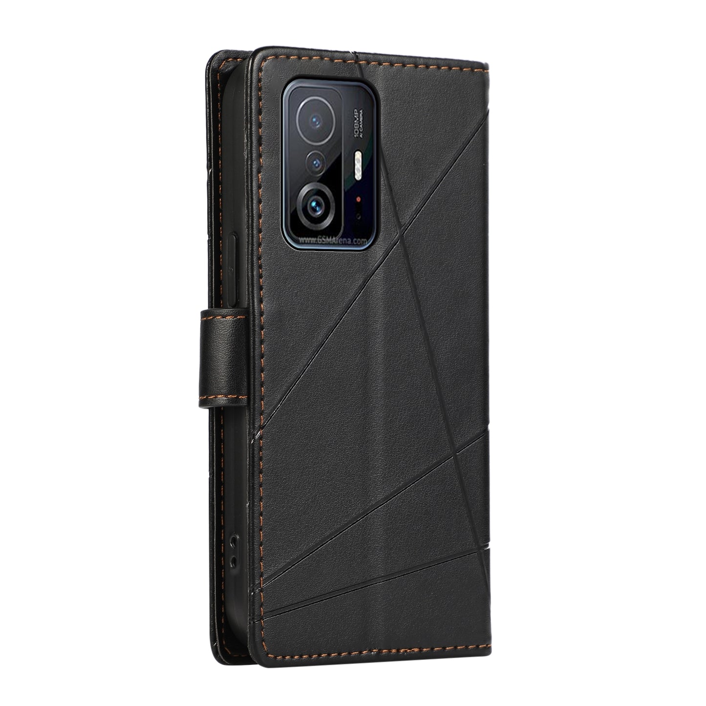 Xiaomi Mi 11T PU Genuine Leather Texture Embossed Line Phone Case with Card Wallet, Kickstand & Wrist Strap