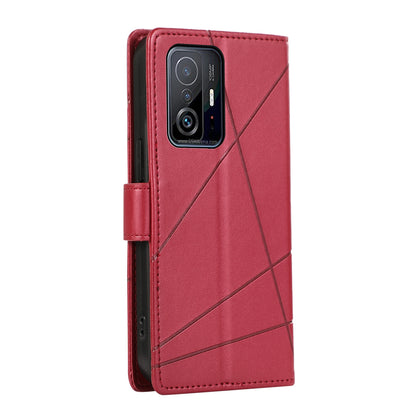 Xiaomi Mi 11T PU Genuine Leather Texture Embossed Line Phone Case with Card Wallet, Kickstand & Wrist Strap