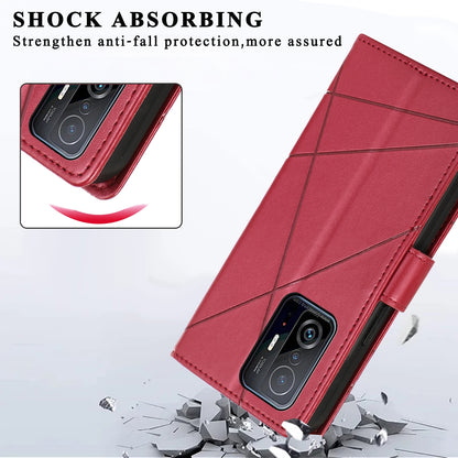 Xiaomi Mi 11T PU Genuine Leather Texture Embossed Line Phone Case with Card Wallet, Kickstand & Wrist Strap