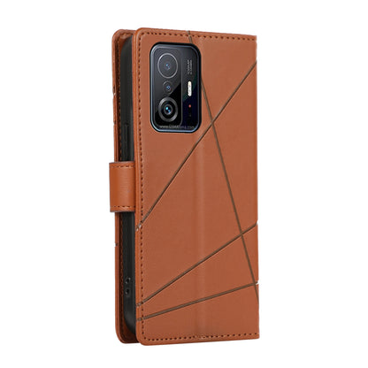 Xiaomi Mi 11T PU Genuine Leather Texture Embossed Line Phone Case with Card Wallet, Kickstand & Wrist Strap