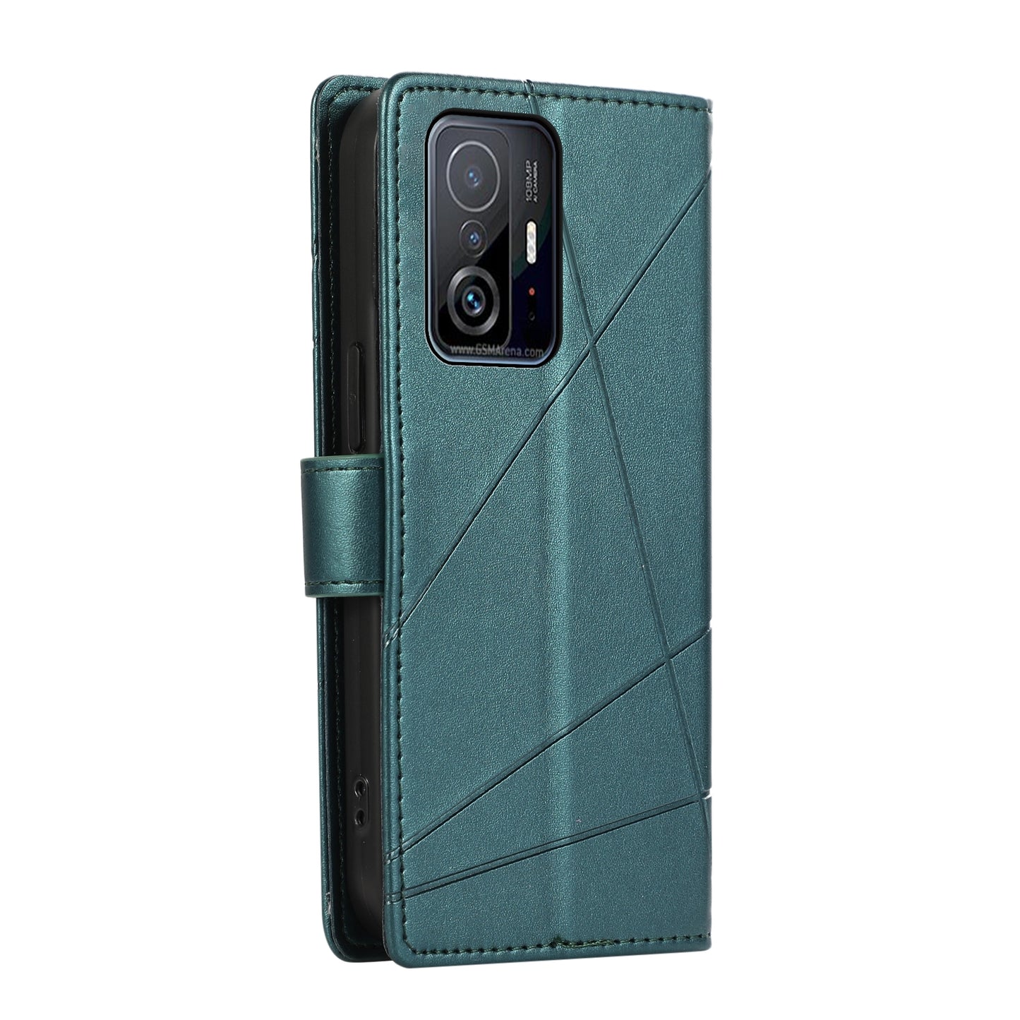 Xiaomi Mi 11T PU Genuine Leather Texture Embossed Line Phone Case with Card Wallet, Kickstand & Wrist Strap