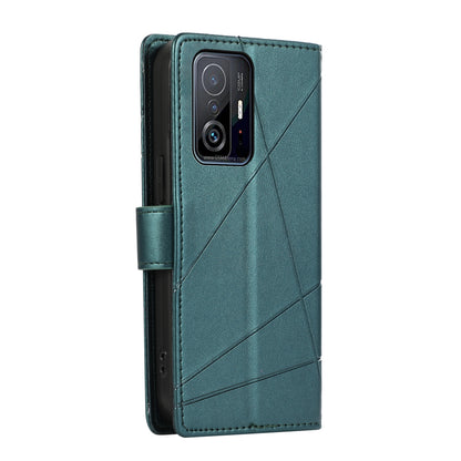 Xiaomi Mi 11T PU Genuine Leather Texture Embossed Line Phone Case with Card Wallet, Kickstand & Wrist Strap