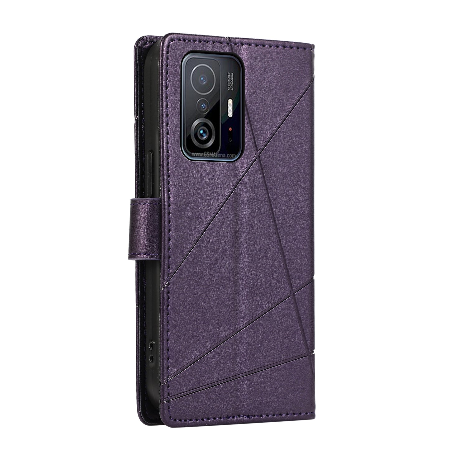 Xiaomi Mi 11T PU Genuine Leather Texture Embossed Line Phone Case with Card Wallet, Kickstand & Wrist Strap
