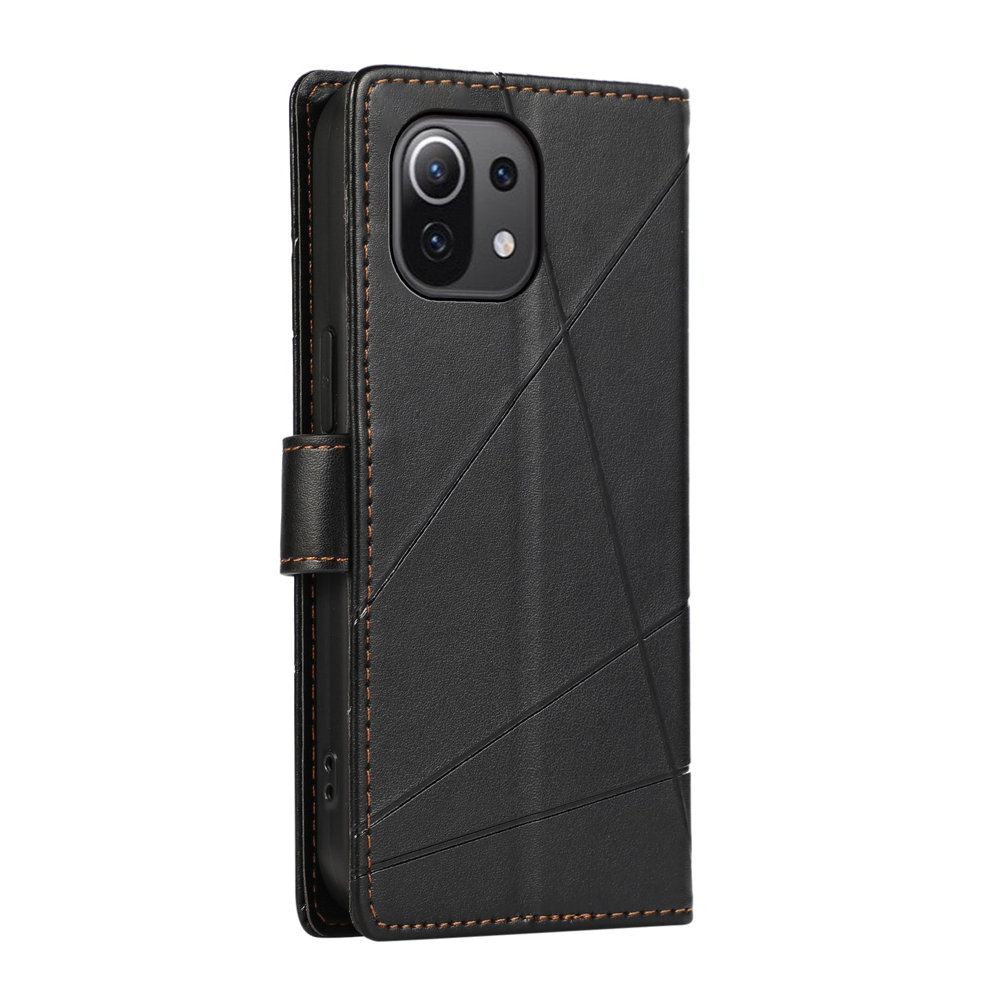Xiaomi Mi 11 Lite PU Genuine Leather Texture Embossed Line Phone Case with Card Wallet, Kickstand & Wrist Strap