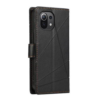 Xiaomi Mi 11 Lite PU Genuine Leather Texture Embossed Line Phone Case with Card Wallet, Kickstand & Wrist Strap