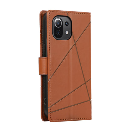 Xiaomi Mi 11 Lite PU Genuine Leather Texture Embossed Line Phone Case with Card Wallet, Kickstand & Wrist Strap