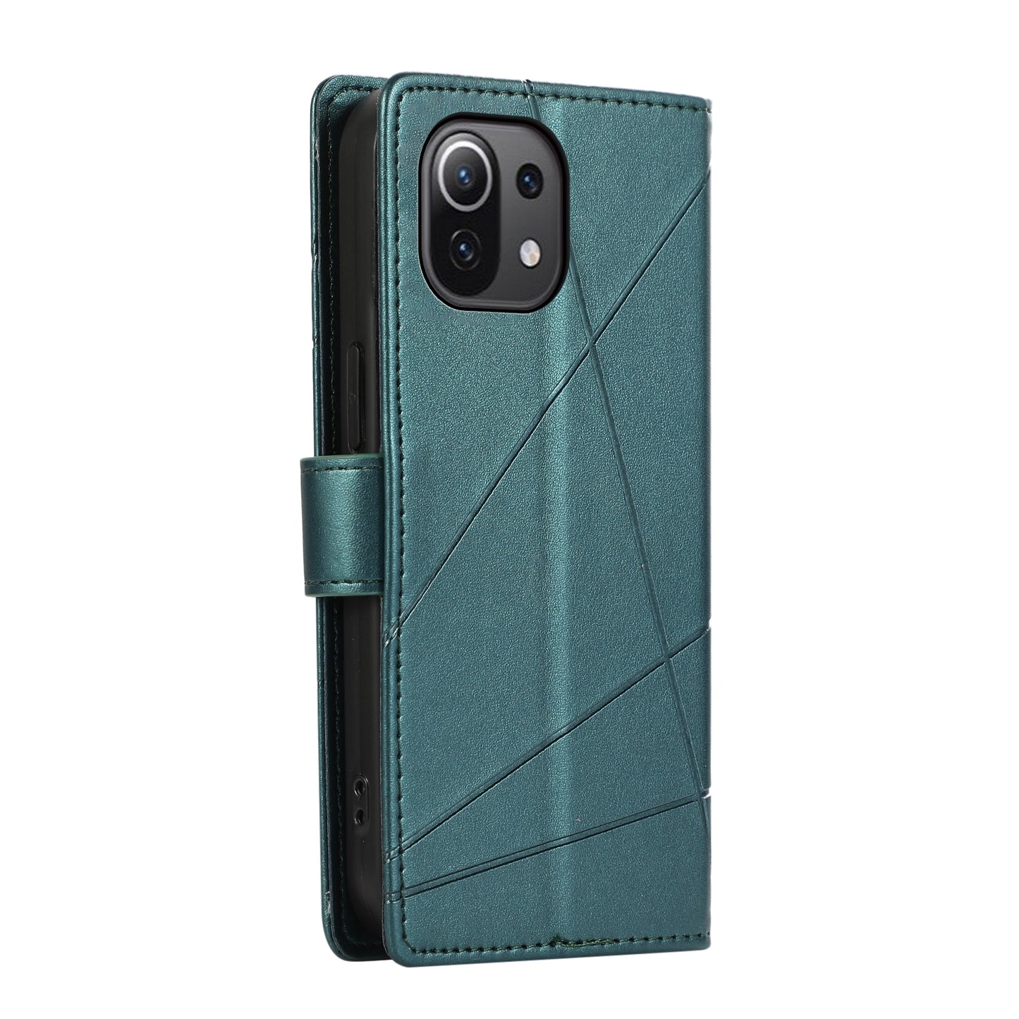 Xiaomi Mi 11 Lite PU Genuine Leather Texture Embossed Line Phone Case with Card Wallet, Kickstand & Wrist Strap