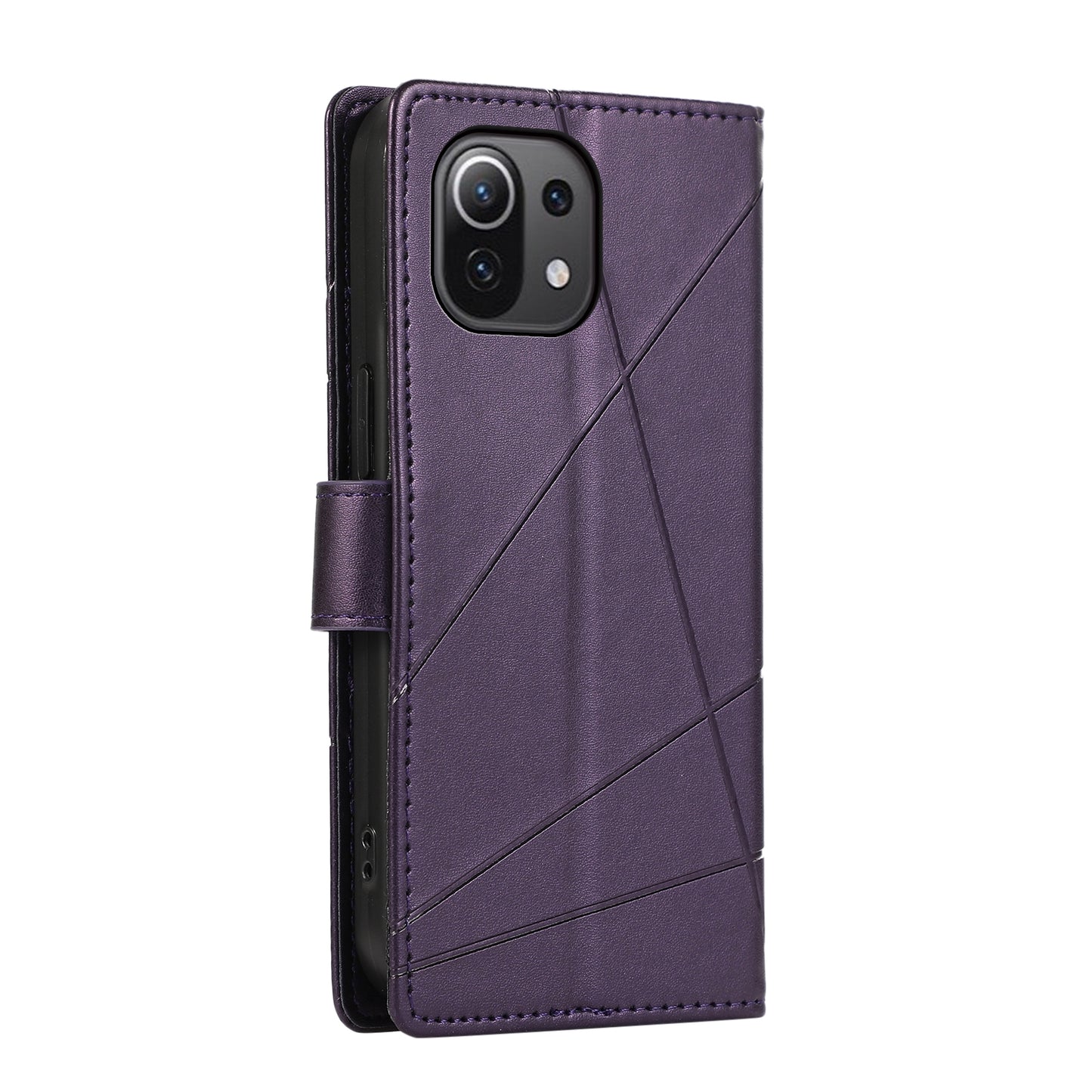 Xiaomi Mi 11 Lite PU Genuine Leather Texture Embossed Line Phone Case with Card Wallet, Kickstand & Wrist Strap