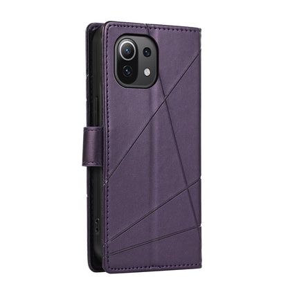 Xiaomi Mi 11 Lite PU Genuine Leather Texture Embossed Line Phone Case with Card Wallet, Kickstand & Wrist Strap