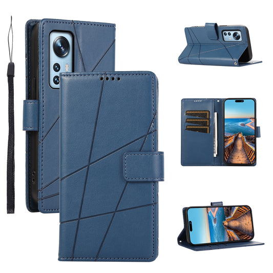 Xiaomi 12 PU Genuine Leather Texture Embossed Line Phone Case with Card Wallet, Kickstand & Wrist Strap