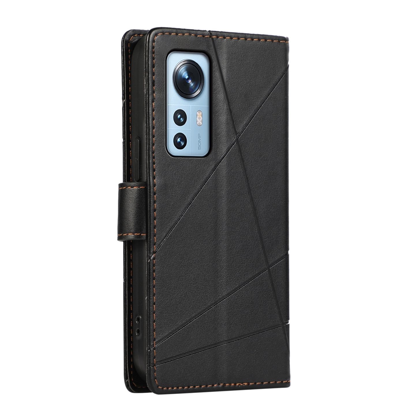 Xiaomi 12 PU Genuine Leather Texture Embossed Line Phone Case with Card Wallet, Kickstand & Wrist Strap