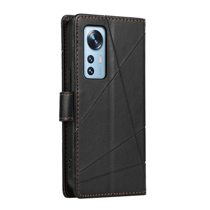 Xiaomi 12 PU Genuine Leather Texture Embossed Line Phone Case with Card Wallet, Kickstand & Wrist Strap