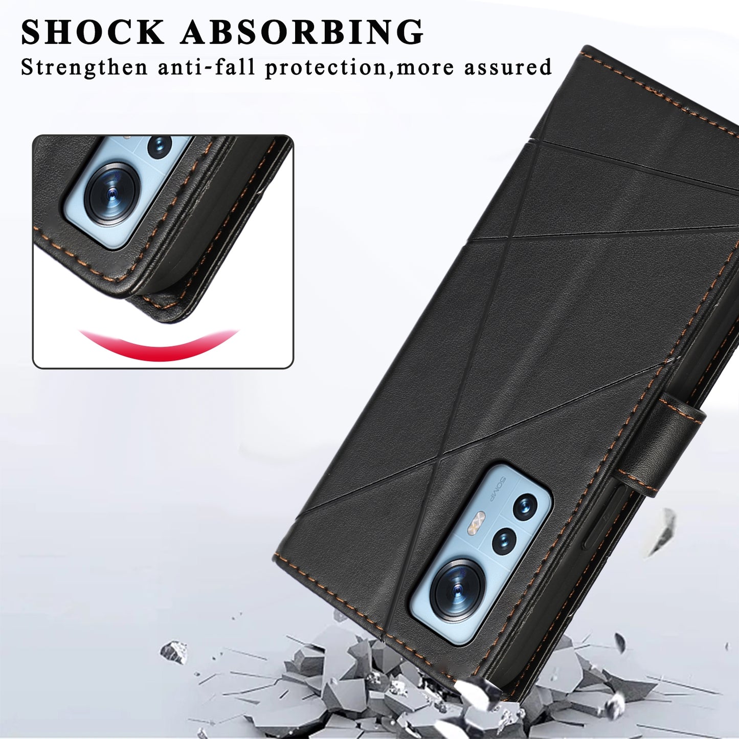 Xiaomi 12 PU Genuine Leather Texture Embossed Line Phone Case with Card Wallet, Kickstand & Wrist Strap